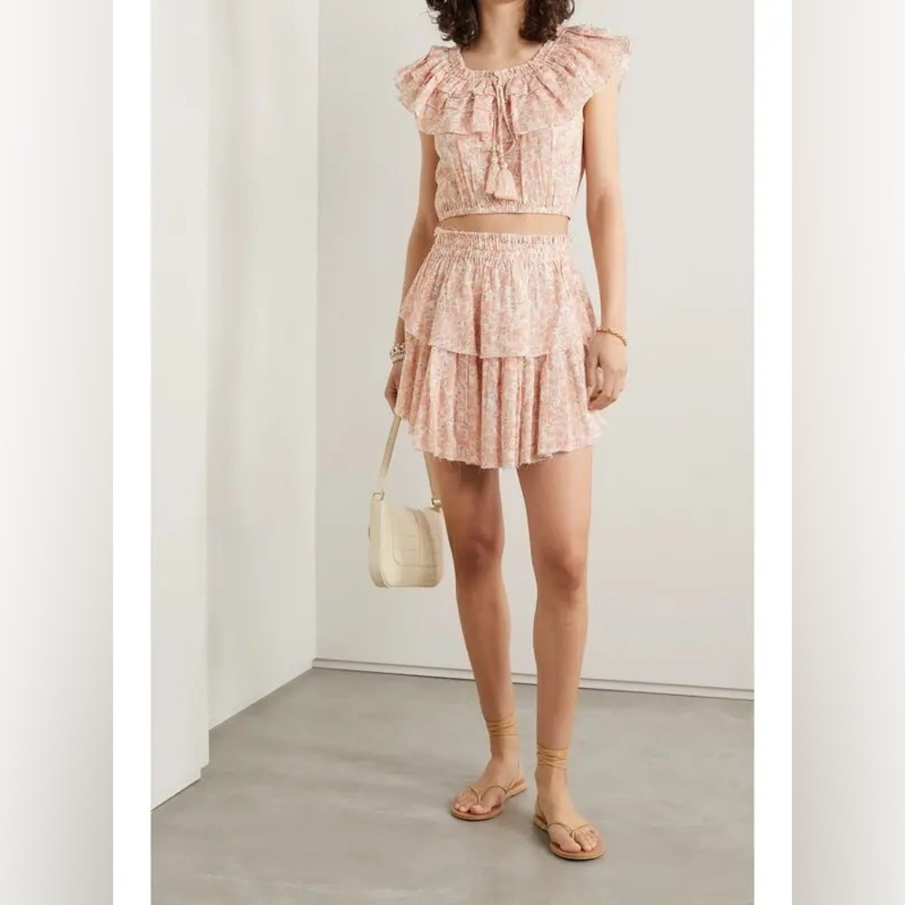 Love Shack Fancy Cotton Tiered Dorin Ruffle Mini Skirt in Vanilla Foam Size S - Picture 2 of 16